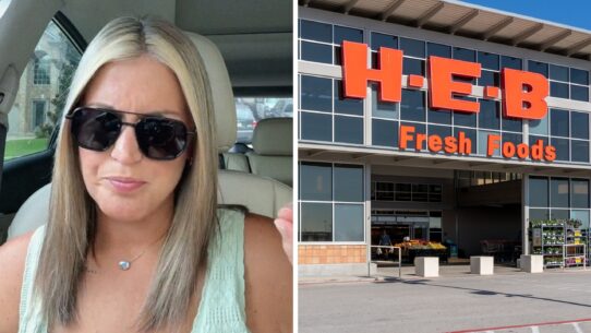 woman shares H-E-B concern (l) H-E-B storefront (r)
