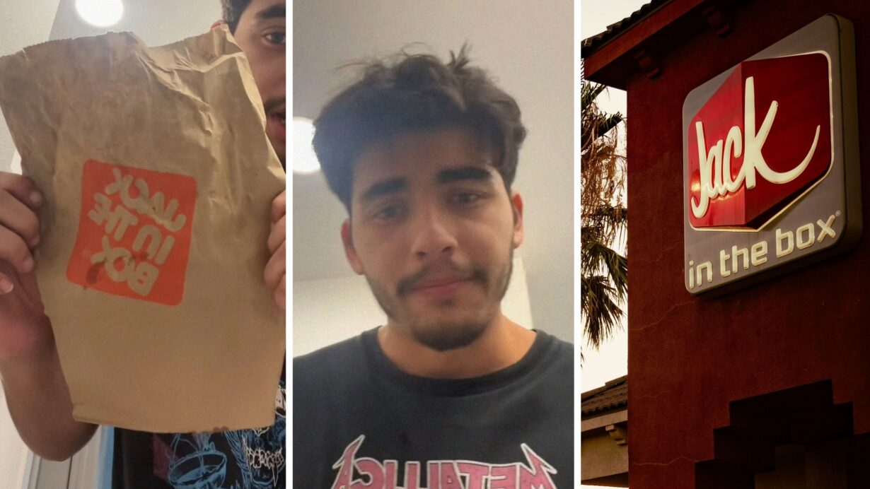 to-go food bag (l) man shares food order issue (c) Jack in the box entrance (r)