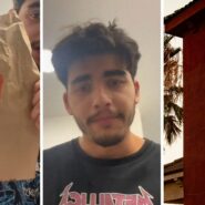 to-go food bag (l) man shares food order issue (c) Jack in the box entrance (r)