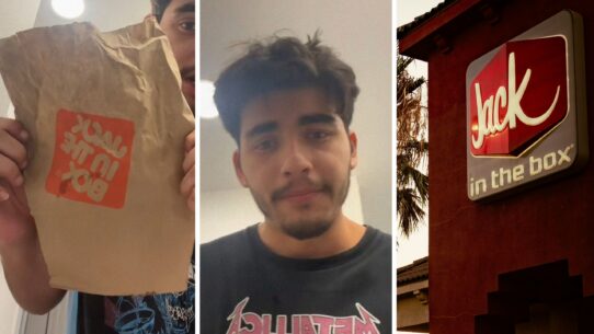 to-go food bag (l) man shares food order issue (c) Jack in the box entrance (r)