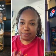 tip jar (l) woman shares Dominos issue (c) Domino's pizza shop (r)
