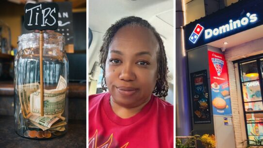 tip jar (l) woman shares Dominos issue (c) Domino's pizza shop (r)
