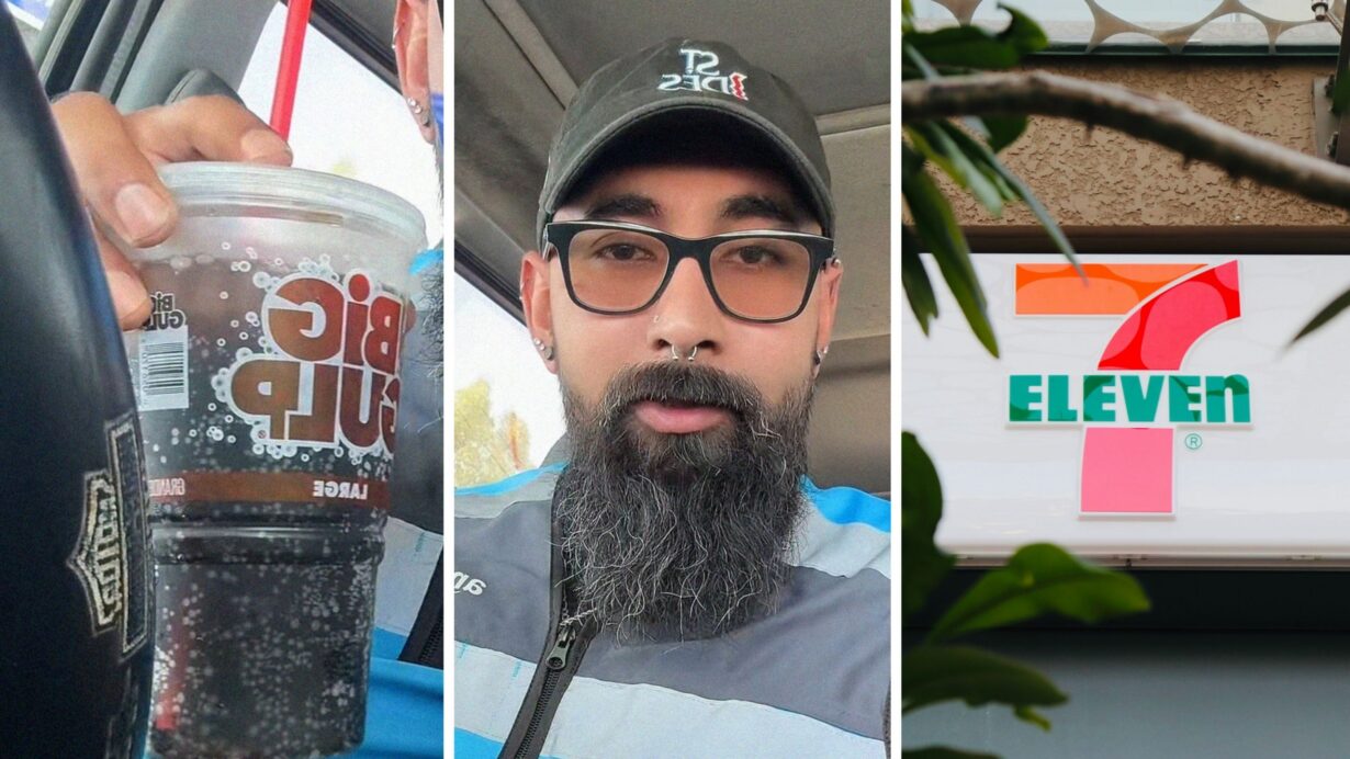 big gulp soda (l) man shares a day in the job (c) 7-Eleven store (r)