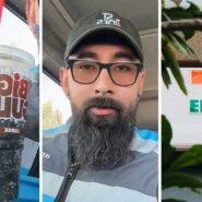 big gulp soda (l) man shares a day in the job (c) 7-Eleven store (r)