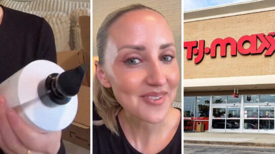 luxury products (l) woman shares lucky encounter (c) T.J. Maxx store (r)