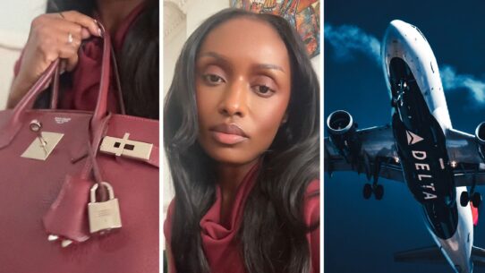 Birken bag (l) woman shares airlines experience (c) Delta airlines (r)