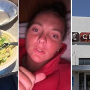 chipotle bowl (l) woman shares food order issue (c) Chipotle entrance (r)