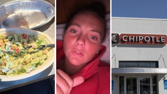 chipotle bowl (l) woman shares food order issue (c) Chipotle entrance (r)