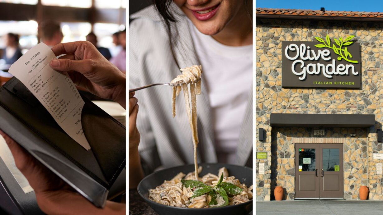 Food bill (l) woman eating pasta (c) Olive garden entrance (r)