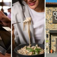 Food bill (l) woman eating pasta (c) Olive garden entrance (r)