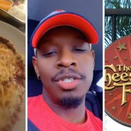 pasta meal (l) man shares cheesecake factory observation (c) The cheesecake factory entrance (r)