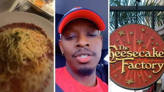 pasta meal (l) man shares cheesecake factory observation (c) The cheesecake factory entrance (r)