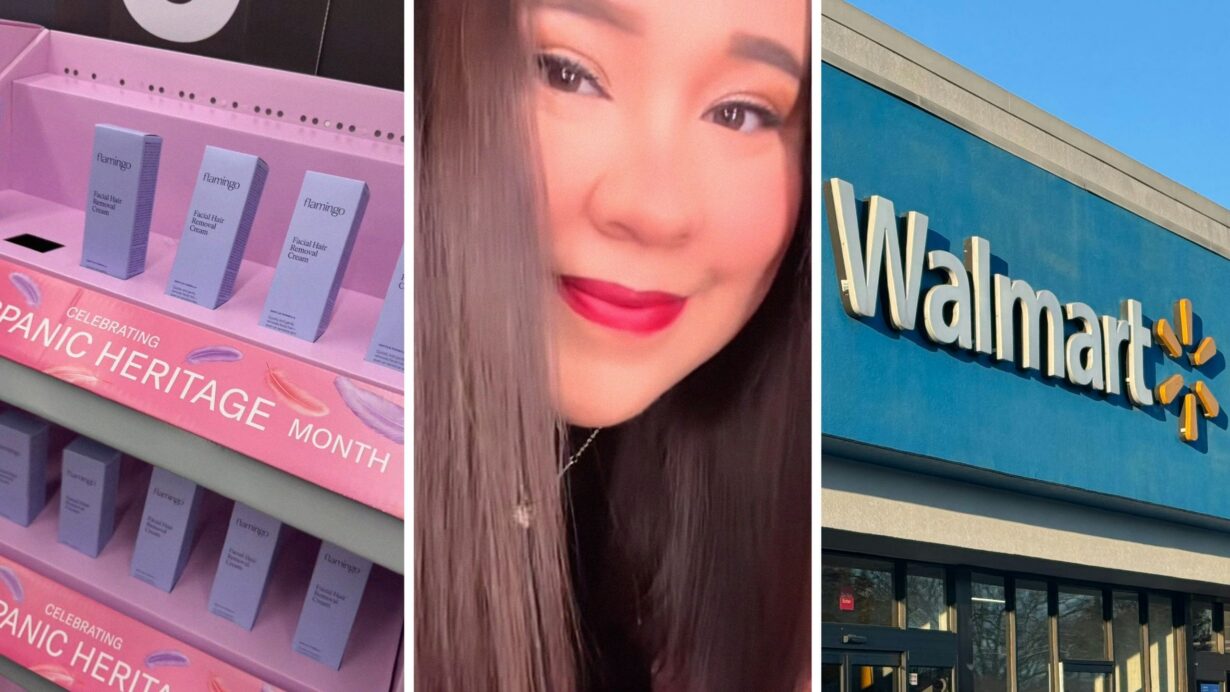 face cream (l) woman shares walmart observation (c) walmart storefront (r)