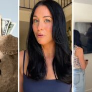 bag of cash (l) woman shares new TV issue (c) couple excited to use new TV (r)