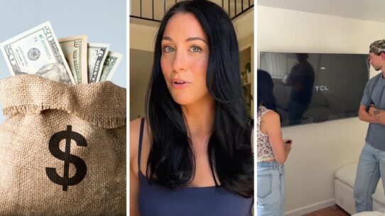 bag of cash (l) woman shares new TV issue (c) couple excited to use new TV (r)