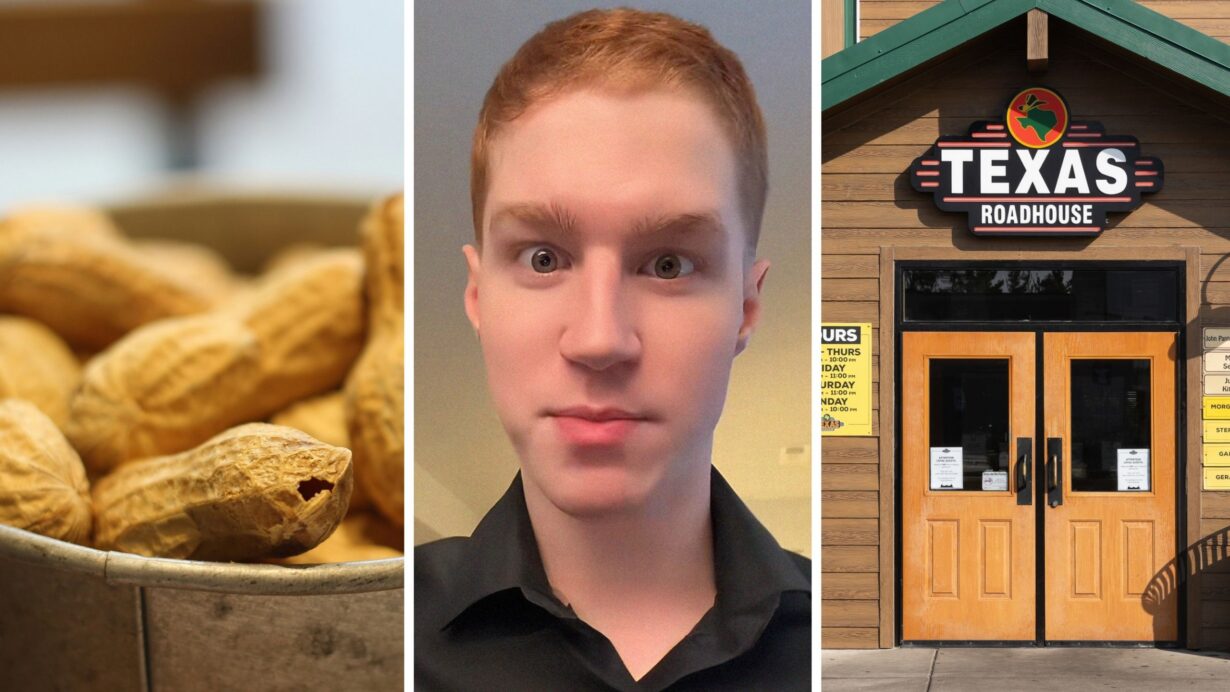free peanuts (l) man shares Texas roadhouse health concerns (c) Texas roadhouse entrance (r)