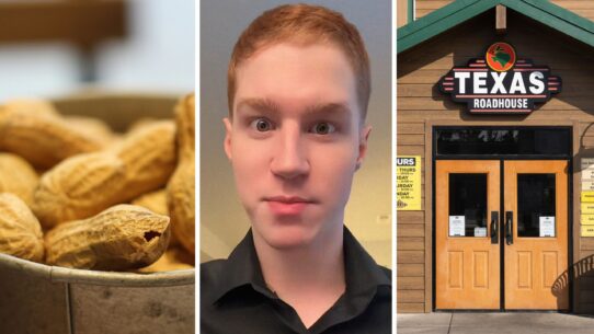 free peanuts (l) man shares Texas roadhouse health concerns (c) Texas roadhouse entrance (r)