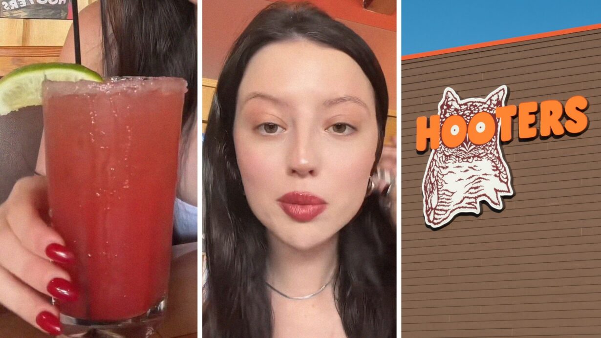 fresh drink (l) woman shares hooters come back (c) Hooters entrance (r)