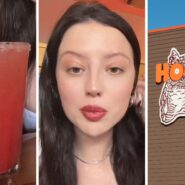 fresh drink (l) woman shares hooters come back (c) Hooters entrance (r)