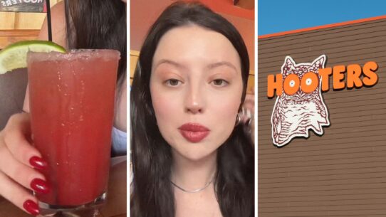 fresh drink (l) woman shares hooters come back (c) Hooters entrance (r)