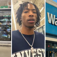 full refrigerators (l) man shares walmart issue (c) Walmart storefront (r)