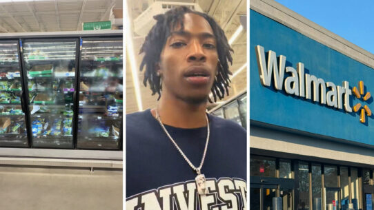 full refrigerators (l) man shares walmart issue (c) Walmart storefront (r)