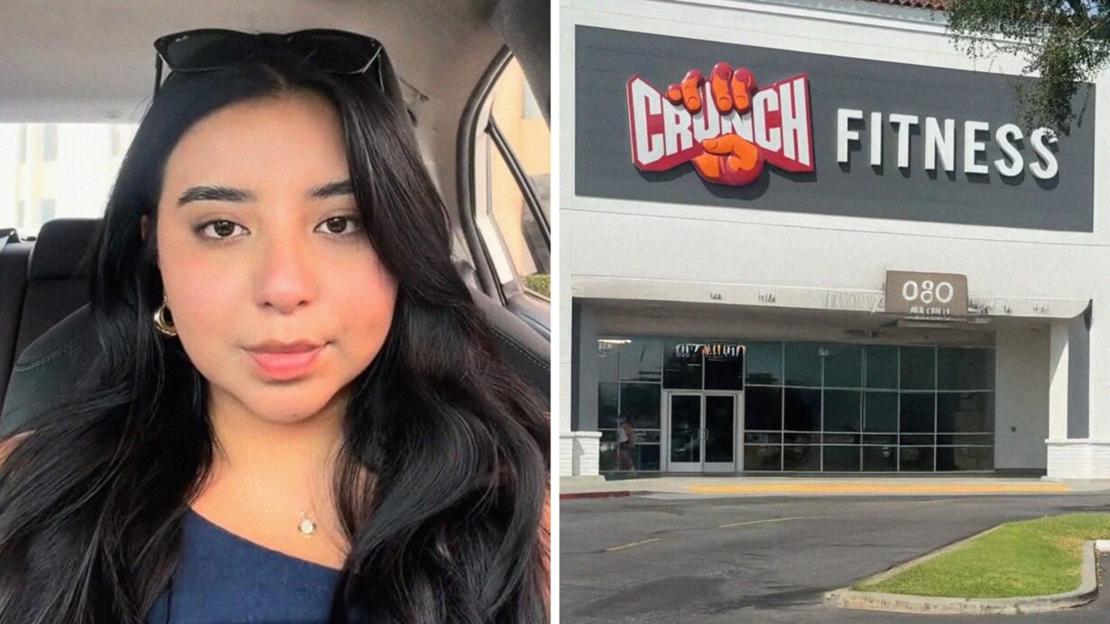 woman shares gym experience (l) Crunch Fitness entrance (r)