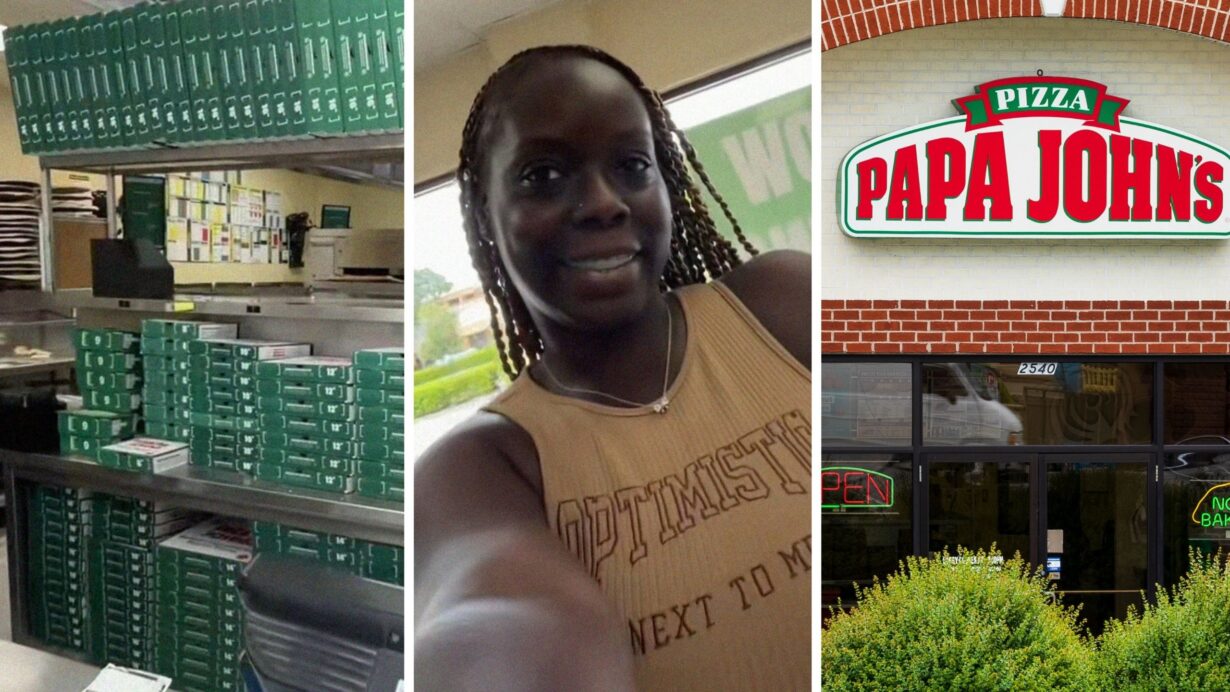 pizza boxes (l) woman shares Papa John's experience (c) Papa John’s entrance (r)