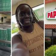 pizza boxes (l) woman shares Papa John's experience (c) Papa John’s entrance (r)