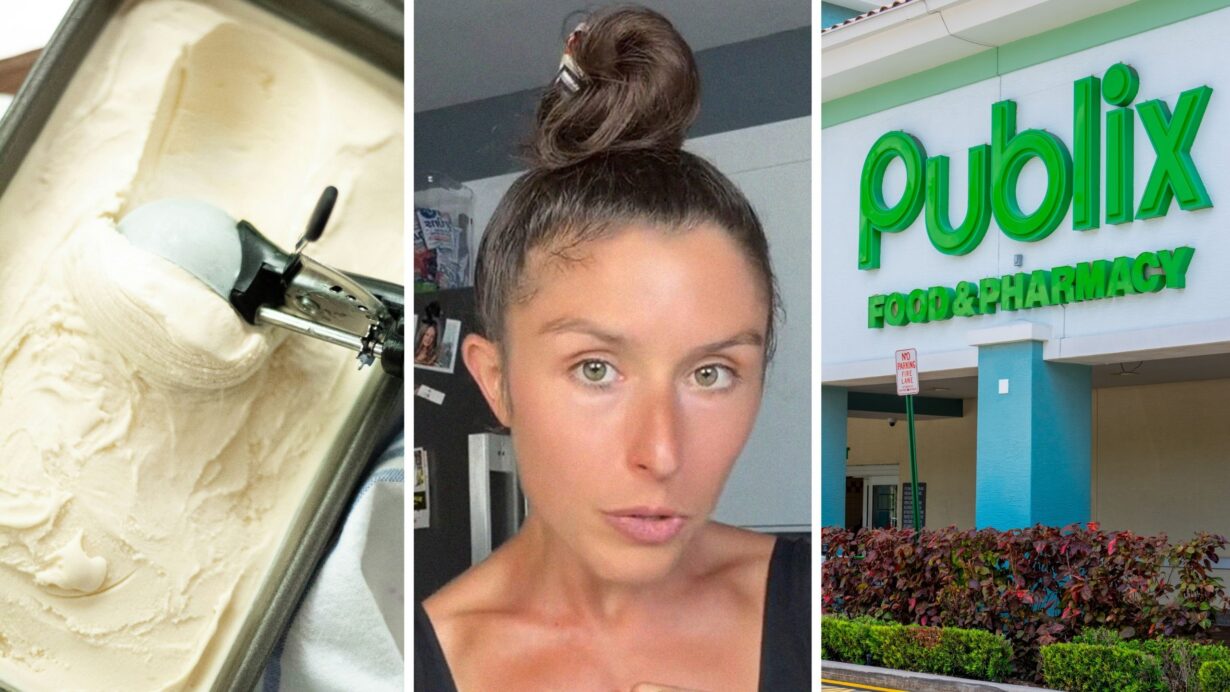vanilla ice cream (l) woman shares publix encounter (c) Publix storefront (r)