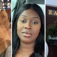 to go bag (l) woman shares Eataly experience (c) Eataly entrance (r)