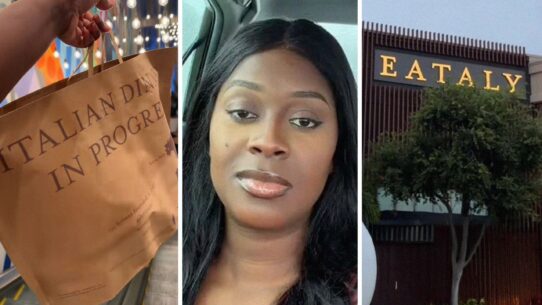 to go bag (l) woman shares Eataly experience (c) Eataly entrance (r)