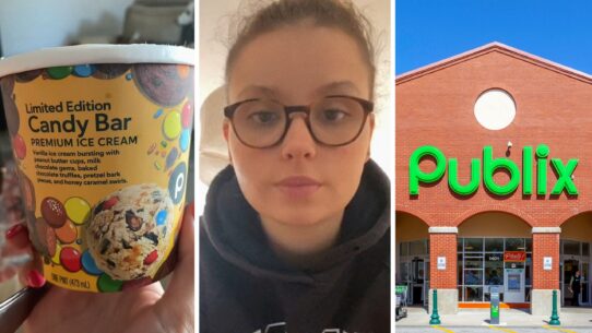 candy bar ice cream (l) woman shares ice cream purchase issue (c) Publix storefront (r)