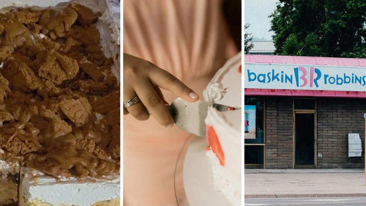 Biscoff cake (l) woman cuts into cake (c) Baskin Robbins shop (r)