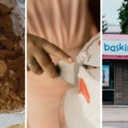 Biscoff cake (l) woman cuts into cake (c) Baskin Robbins shop (r)
