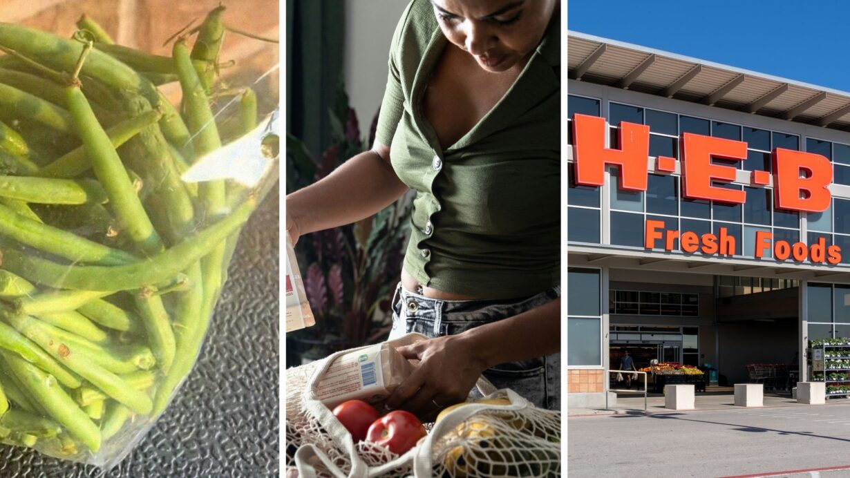 green beans (l) woman checking her groceries (c) H-E-B storefront (r)