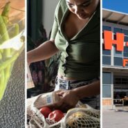 green beans (l) woman checking her groceries (c) H-E-B storefront (r)