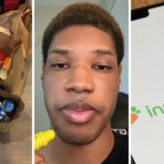 Grocery bags (l) man shares Instacart observation (c) Instacart app (r)