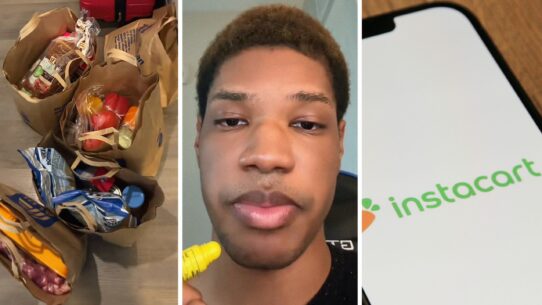 Grocery bags (l) man shares Instacart observation (c) Instacart app (r)