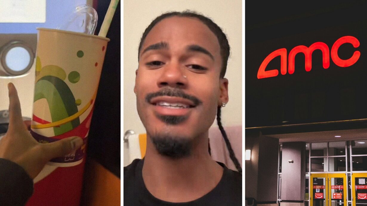 soda cup (l) man shares AMC theatre experience (c) AMC theatre entrance (r)