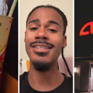 soda cup (l) man shares AMC theatre experience (c) AMC theatre entrance (r)