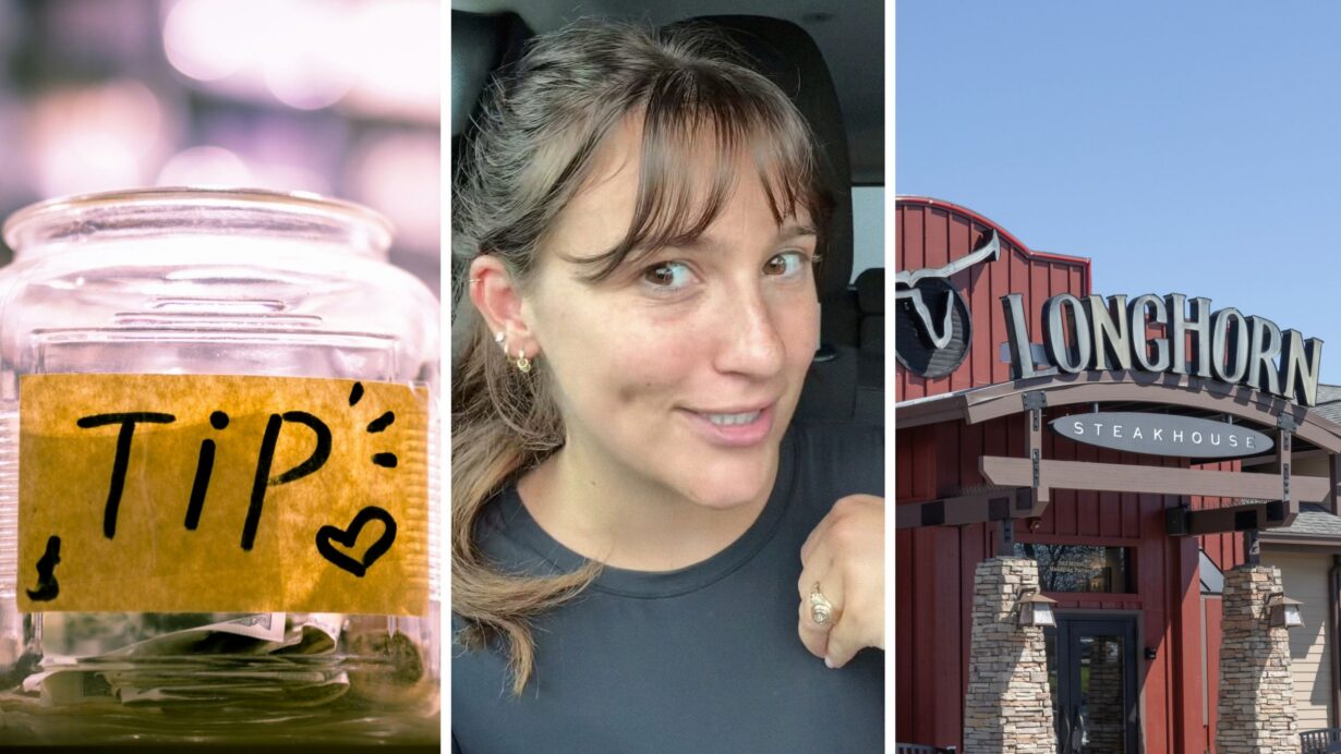 tip jar (l) woman shares serving experience (c) Longhorn steakhouse entrance (r)