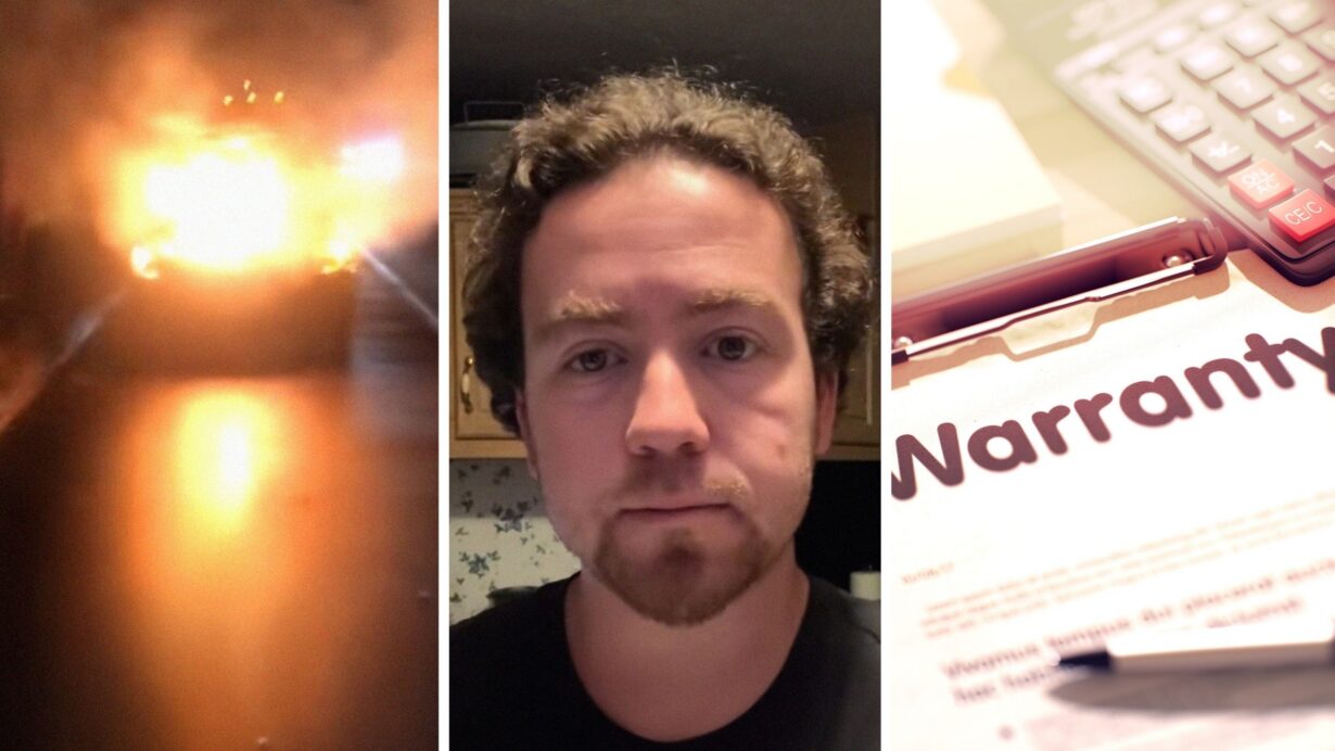 car on fire (l) man shares Hyundai issue (c) warranty document (r)