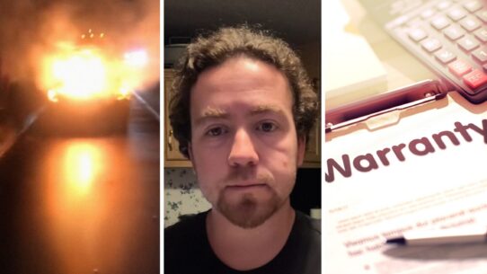 car on fire (l) man shares Hyundai issue (c) warranty document (r)