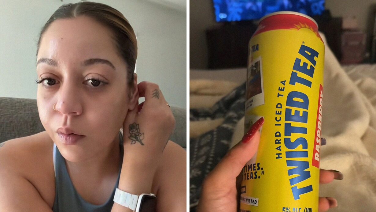 woman shares husbands drink issue (l) Twisted Tea can (r)