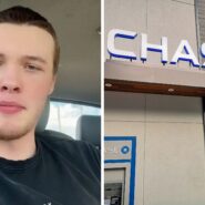 man shares bank issue (l) Chase bank entrance (r)