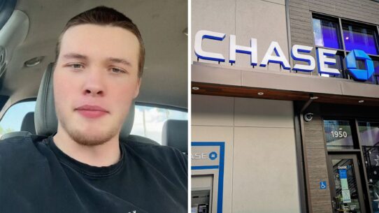 man shares bank issue (l) Chase bank entrance (r)