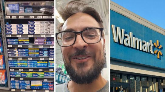 toothpaste section (l) man shares toothpaste issue (c) walmart storefront (r)