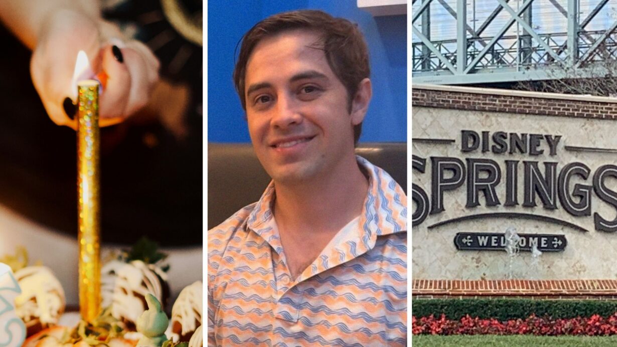 birthday candle (l) man goes to disney springs for his birthday (c) Disney springs entrance (r)
