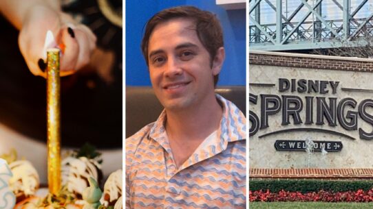 birthday candle (l) man goes to disney springs for his birthday (c) Disney springs entrance (r)